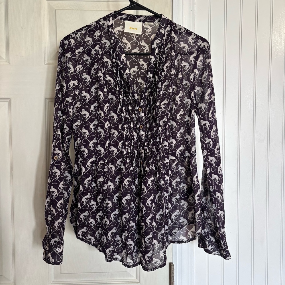 Maeve Tailored Pintuck Monkey Pattern Cotton Eggplant. Button Up Sz 6